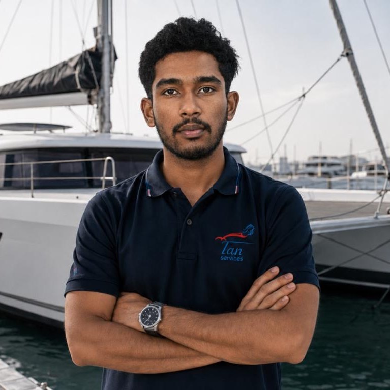 Pasindu Maduranga, Yacht Care Technician at Tan Services, on the pontoon in Dubai