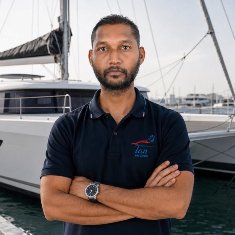 Sameera Madhusankha, Yacht Care Technician at Tan Services, on the pontoon in Dubai